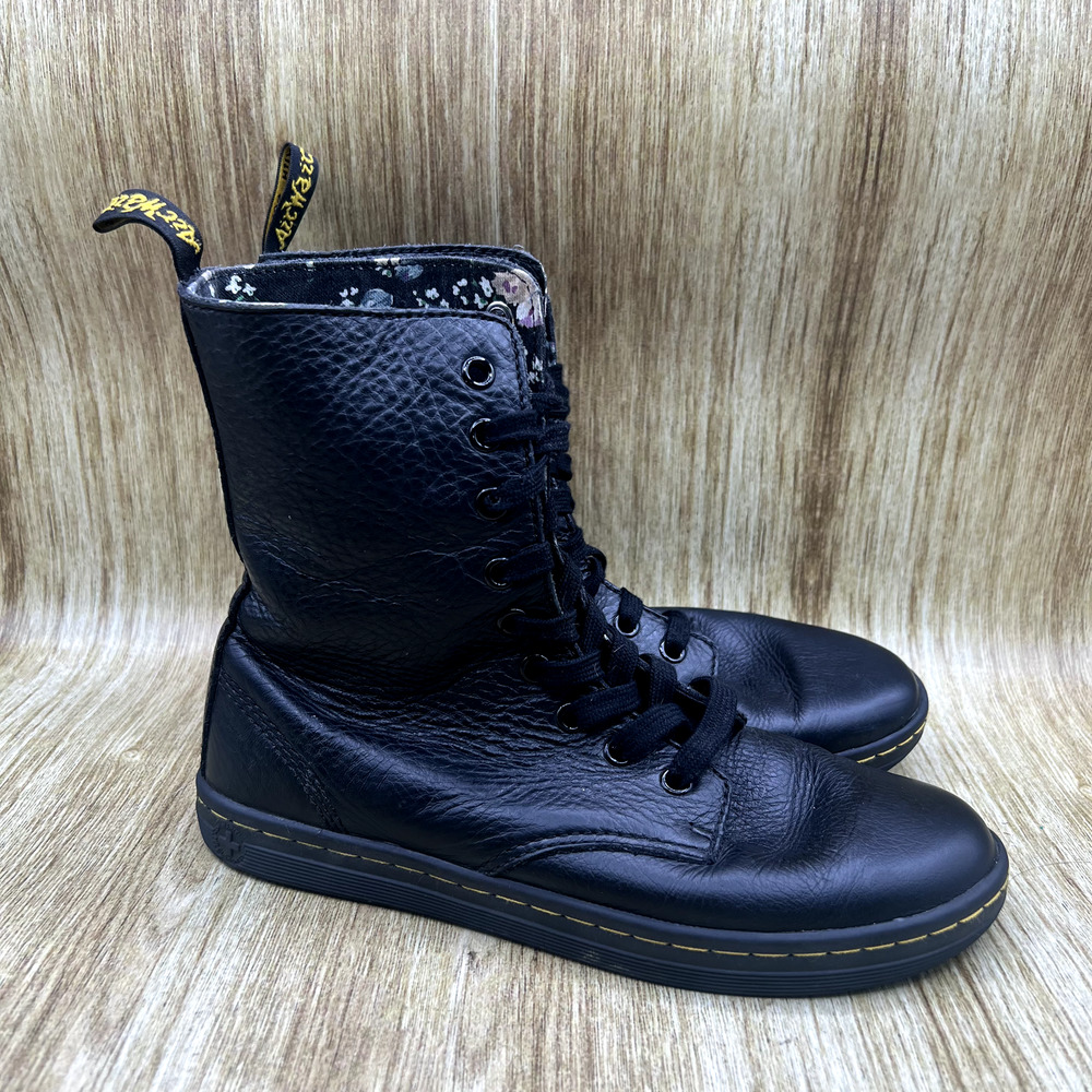 Dr. Martens Black Leather Lace-Up Ankle Boots with Yellow Stitching
